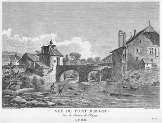 Ansicht der Brücke über den Fluss Ergolz bei Augst. Kupferstich von Mme. Jourdan nach einer Zeichnung von Nicolas Pérignon